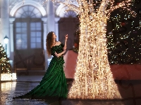 Dekoracja, Zielona, Oświetlenie, Kobieta, Suknia, Drzewo