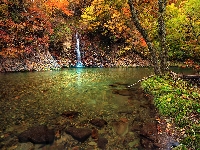 Drzewa, Wodospad, Jesień, Rzeka, Mały