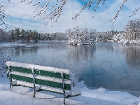 Staw, Park, Chmury, Zima, Ławka, Drzewa