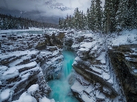 Park Narodowy Jasper, Wodospad, Kanada, Rzeka Athabasca, Zima, Skały, Alberta