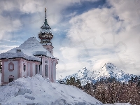 Sanktuarium Maria Gern, Kościół, Bawaria, Alpy Salzburskie, Niemcy, Zima, Śnieg, Góry, Drzewa, Berchtesgaden