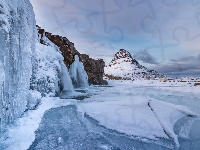Skała, Góra Kirkjufell, Islandia, Lód, Zima, Sople, Wodospad Kirkjufellsfoss