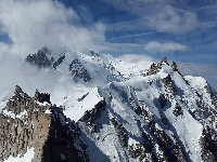 Góry, Francja, Śnieg, Aiquilles de Chamonix, Szczyt Aiguille du Midi, Zima, Mont Blanc, Chmury
