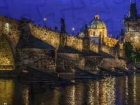 Wieczór, Oświetlony, Czechy, Rzeka Wełtawa, Most Karola, Praga