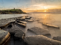 Zatoka Kimmeridge, Morze, Anglia, Zachód słońca, Skały, Dorset