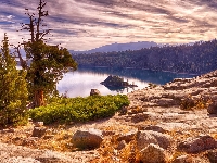 Lake Tahoe, Jezioro, Lasy, Drzewa, Stany Zjednoczone, Park Emerald Bay, Góry, Wyspa Fannette, Kalifornia