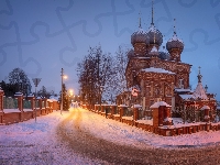 Latarnie, Zima, Kostroma, Zmartwychwstania Pańskiego, Rosja, Droga, Ogrodzenie, Cerkiew, Śnieg, Miejscowość