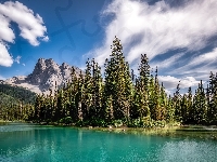 Jezioro Emerald Lake, Chmury, Kanada, Drzewa, Park Narodowy Yoho, Góry, Prowincja Kolumbia Brytyjska
