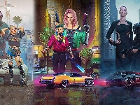 Gra, Postacie, Cyberpunk 2077, Plakat, Pojazdy