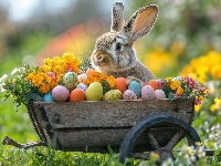 Wózek, Wielkanoc, Kwiaty, AI, Pisanki, Królik, Drewniany