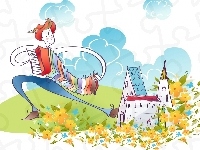 Akordeon, Chmury, Mężczyzna, Instrument, Kwiaty
