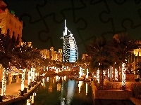 Dubaj, Budynki, Miasto Nocą, Burdż al-Arab, Zjednoczone Emiraty Arabskie, Hotel, Palmy