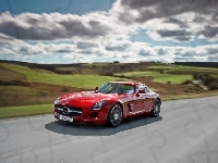 AMG, Czerwony, Mercedes Benz SLS, Droga