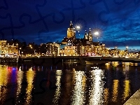 Rzeka, Amsterdam, Noc, Holandia, Bazylika św. Mikołaja, Most
