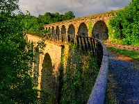 Droga, Most, Drzewa, Roślinność, Walia, Wiadukt, Atrakcja Chirk Aqueduct, Ogrodzenie, Hrabstwo Shropshire, Miejscowość Chirk