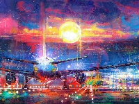Grafika, Samolot, Digital art, Słońce, Pas startowy