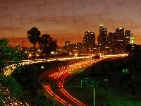 Panorama, Arterie, Drzewa, Nocą, Los Angeles, Miasta, Komunikacyjne