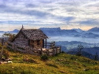 Domek, Austria, Dolina, Góry, Mgła, Mały, Lasy, Świt