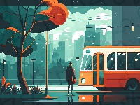 Autobus, Miasto, Mężczyzna, Grafika, Rośliny, Ulica, Domy, Przystanek, Latarnie, Drzewa