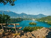 Ławka, Góry, Słowenia, Jezioro, Drzewo, Bled