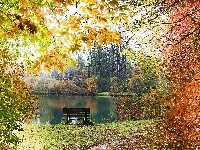 Ławka, Staw, Jesień, Park, Drzewa, Ścieżka