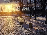 Ławki, Zima, Słońca, Park, Staw, Promienie