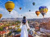 Dziewczyna, Balkon, Balony, Turcja, Kapadocja