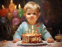 Dziecko, Tort, Urodziny, Balony