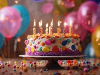 Tort, Balony, Świeczki, Grafika, Urodziny