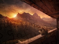 Zachód słońca, Alpy, Kot, Szwajcaria, Góra Grosser Myuten, Balustrada