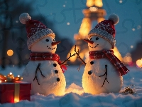 Prezent, AI, Szaliki, Śnieg, Dwa, Czapki, Zima, Bałwany