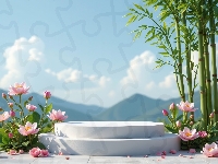 Lotosy, Drzewo, Podium, Bambus, Góry, Kwiaty