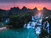 Góry, Wodospad, Cao Bang, Wietnam, Rzeka, Ban Gioc Waterfall, Zachód słońca