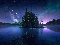 Two Jack Lake, Drzewa, Park Narodowy Banff, Alberta, Noc, Gwiazdy, Jezioro, Niebo, Las, Zorza polarna, Kanada