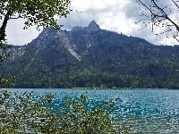 Jezioro, Bawaria, Alpy, Niemcy, Drzewa