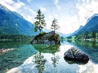 Góry, Bawaria, Wyspa, Jezioro Hintersee, Niemcy, Alpy