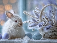 Bazie, Królik, Biały, Pisanki, Kłosy, Wielkanoc, Grafika AI, Koszyk, Trawa