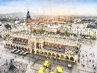 Zachód słońca, Polska, Chmury, Rynek Główny, Bazylika Mariacka, Miasto, Kraków, Sukiennice