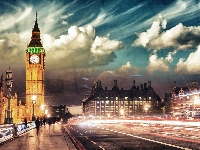Londyn, Most, Big Ben, Ulica, Noc