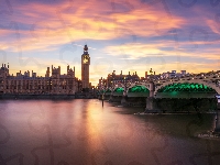 Londyn, Zachód słońca, Anglia, Wielka Brytania, Big Ben, Rzeka, Tamiza, Pałac Westminsterski, Wieża Zegarowa, Most