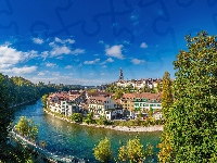 Szwajcaria, Rzeka Aare, Berno, Drzewa, Domy