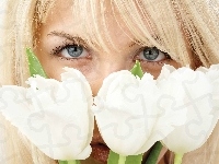 Białe, Kobieta, Oczy, Tulipany