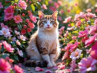 Siedzący, Kot, Rudo-biały, Kwiaty, Spojrzenie