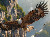 Skrzydła, Lot, Ptak, Bielik amerykański, Skały, Rozpostarte