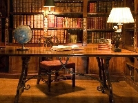 Biurko, Oświetlenie, Biblioteka, Książki, Lampa