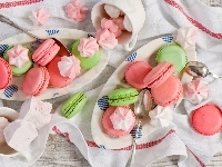Ręcznik, Makaroniki, Łyżeczki, Bezy, Deski, Talerze, Filiżanka, Kompozycja, Ciasteczka, Blat
