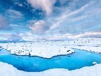 Lód, Błękitna Laguna, Zima, Islandia, Źródła geotermalne, Chmury