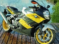BMW, Żółty, Motocykl, Jezioro