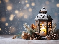 Bombki, Boże Narodzenie, Szyszki, Śnieg, Dekoracja, Gałązki, Zima, Lampion