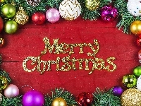 Napis, Bombki, Kompozycja, Boże Narodzenie, Merry Christmas